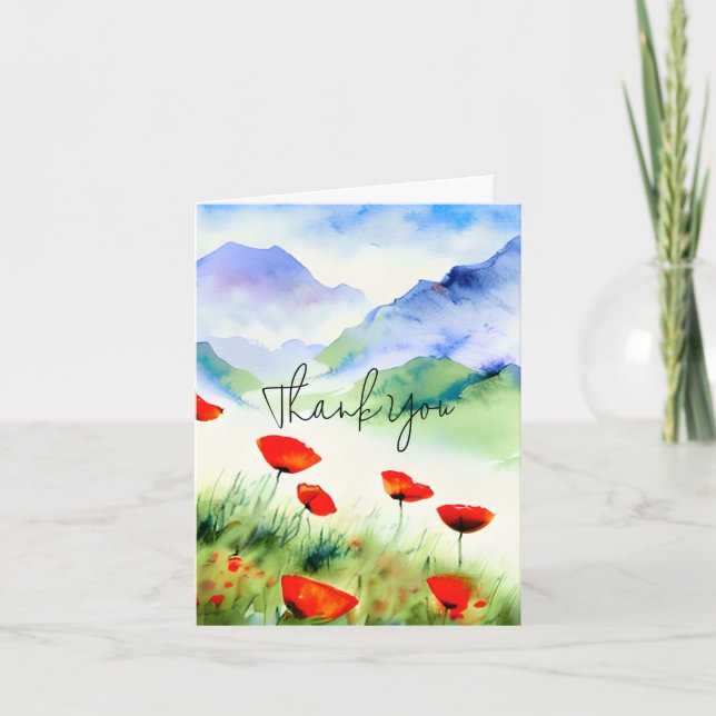 Watercolor poppies and mountain customizable card (Front)