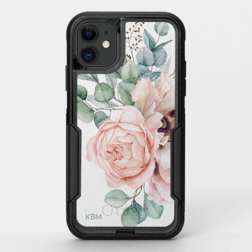 Watercolor Poppies and Roses with Monogram OtterBox Commuter iPhone 11 Case