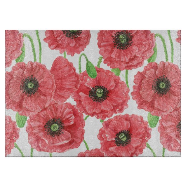 Watercolor poppies floral pattern cutting board (Front)