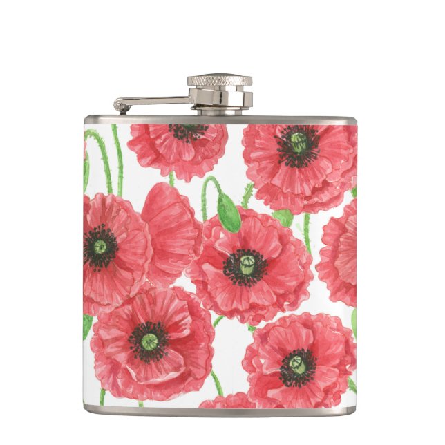 Watercolor poppies floral pattern hip flask (Front)