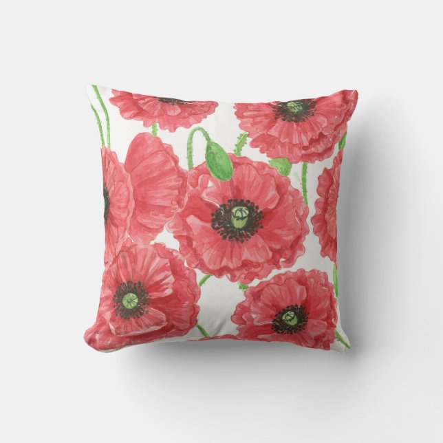 Watercolor poppies floral pattern throw pillow (Front)