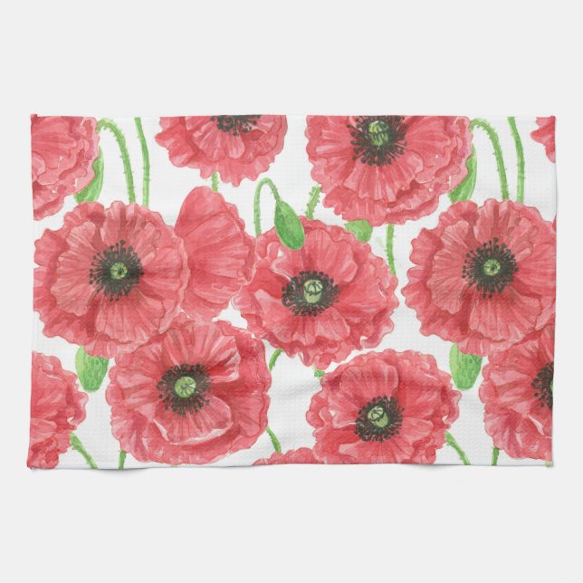 Watercolor poppies floral pattern towel (Horizontal)