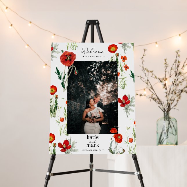 Watercolor Poppies Florals Wedding Welcome Sign (In Situ (Stand))