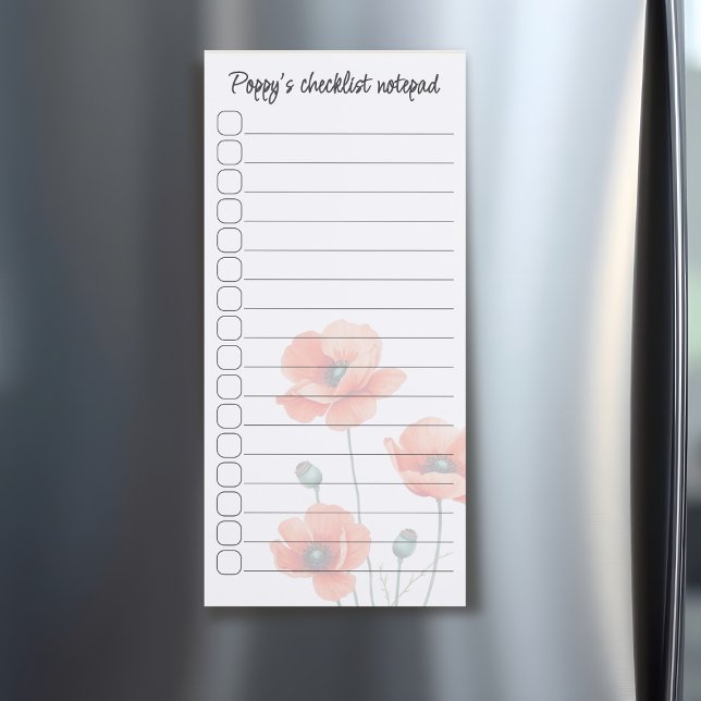 Watercolor Poppies Magnetic Checklist Notepad (Pop a poppy notepad on your refrigerator and never forget to tick things off it)