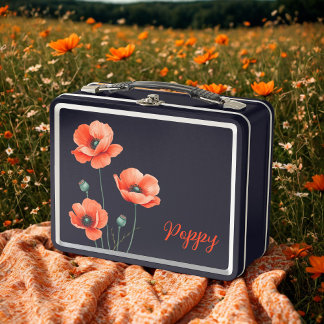 Watercolor Poppies Name Floral Metal Lunch Box