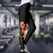 Watercolor Poppies On Black Leggings at Zazzle