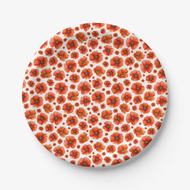 Watercolor Poppies Pattern Paper Plates (Front)