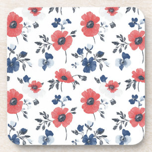 Watercolor Poppies Pattern – Red, Blue & White (2) Beverage Coaster