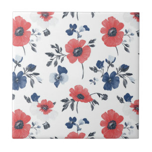 Watercolor Poppies Pattern – Red, Blue & White (2) Ceramic Tile