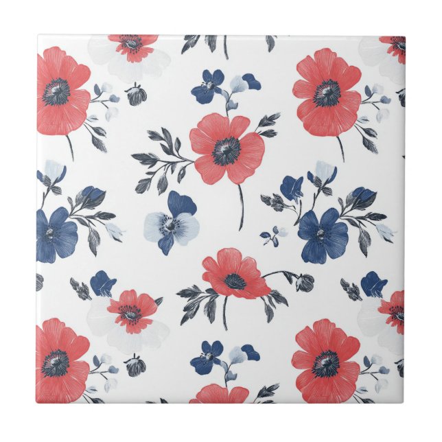 Watercolor Poppies Pattern – Red, Blue & White (2) Ceramic Tile (Front)