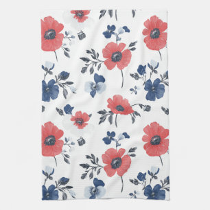 Watercolor Poppies Pattern – Red, Blue & White (2) Kitchen Towel