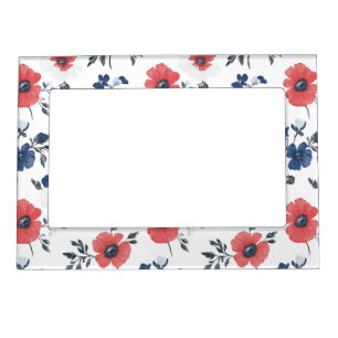 Watercolor Poppies Pattern – Red, Blue & White (2) Magnetic Frame