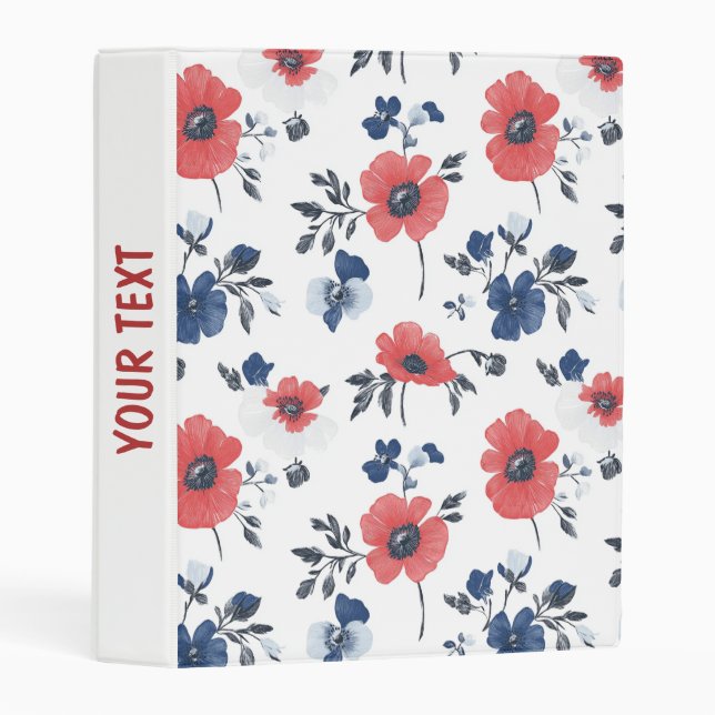 Watercolor Poppies Pattern – Red, Blue & White (2) Mini Binder (Front/Spine)