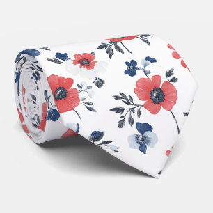 Watercolor Poppies Pattern – Red, Blue & White (2) Neck Tie