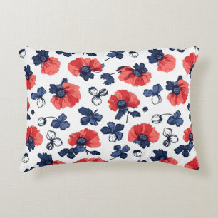 Watercolor Poppies Pattern – Red, Blue & White (3) Accent Pillow