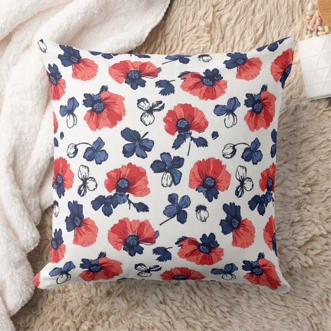 Watercolor Poppies Pattern – Red, Blue & White (3) Throw Pillow (Blanket)
