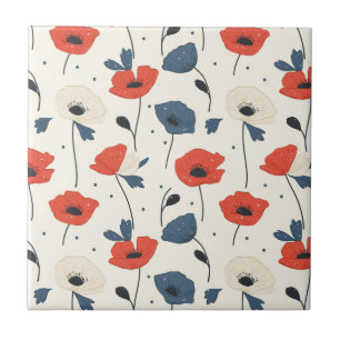 Watercolor Poppies Pattern – Red, Blue & White Ceramic Tile
