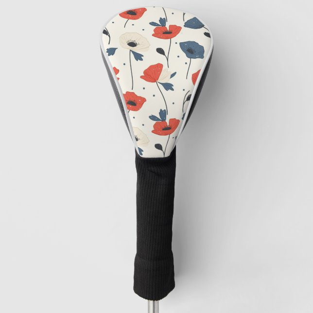 Watercolor Poppies Pattern – Red, Blue & White Golf Head Cover (Front)