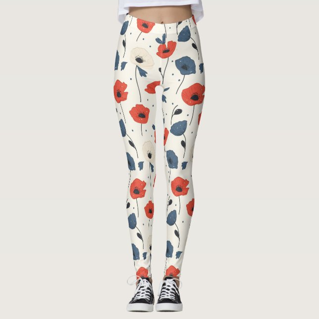 Watercolor Poppies Pattern – Red, Blue & White Leggings (Front)