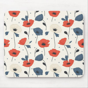 Watercolor Poppies Pattern – Red, Blue & White Mouse Pad