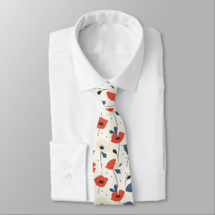 Watercolor Poppies Pattern – Red, Blue & White Neck Tie