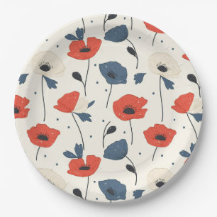 Watercolor Poppies Pattern – Red, Blue & White Paper Plates