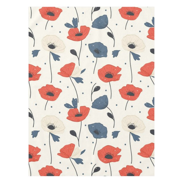 Watercolor Poppies Pattern – Red, Blue & White Tablecloth (Front)