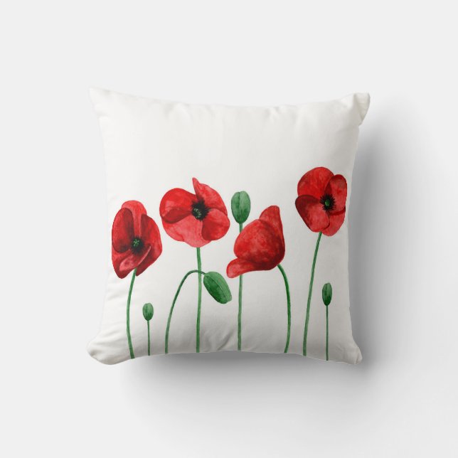 Watercolor poppies pillow. Red flowers. Botanical Throw Pillow (Front)