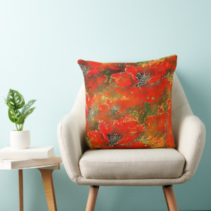 Watercolor Poppies Reddish-Orange Throw Pillow