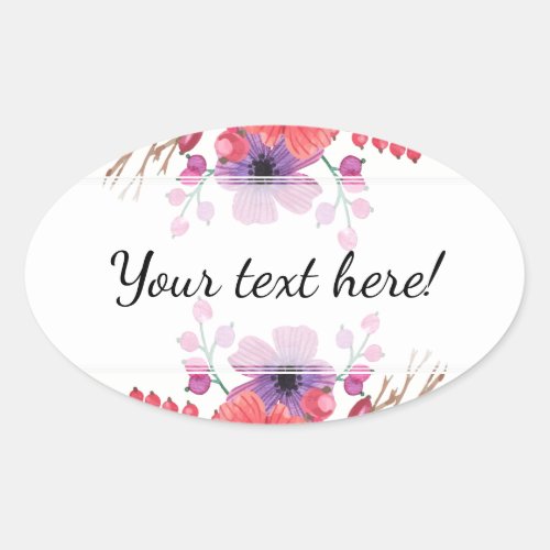 Watercolor Poppies  Rose Buds Oval Sticker