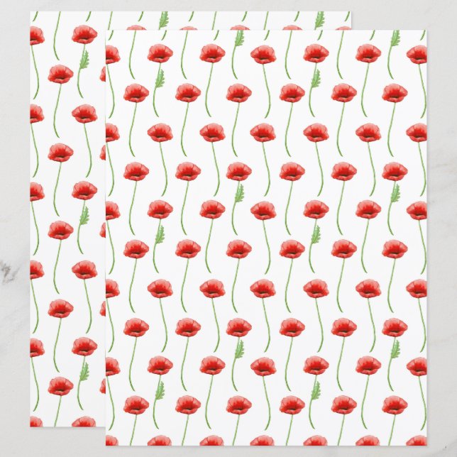 Watercolor Poppies Scrapbook Paper (Front/Back)