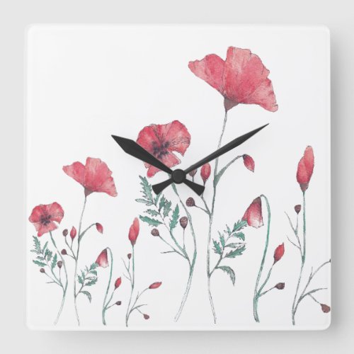 Watercolor Poppies Square Wall Clock
