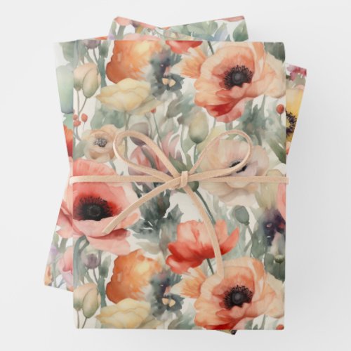 WATERCOLOR POPPIES  WRAPPING PAPER SHEETS