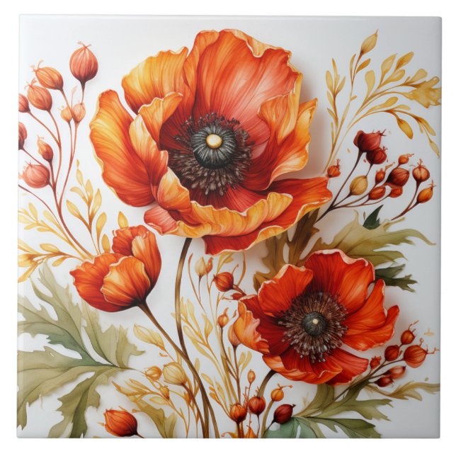 watercolor poppy bouquet of wildflowers ceramic tile (Front)
