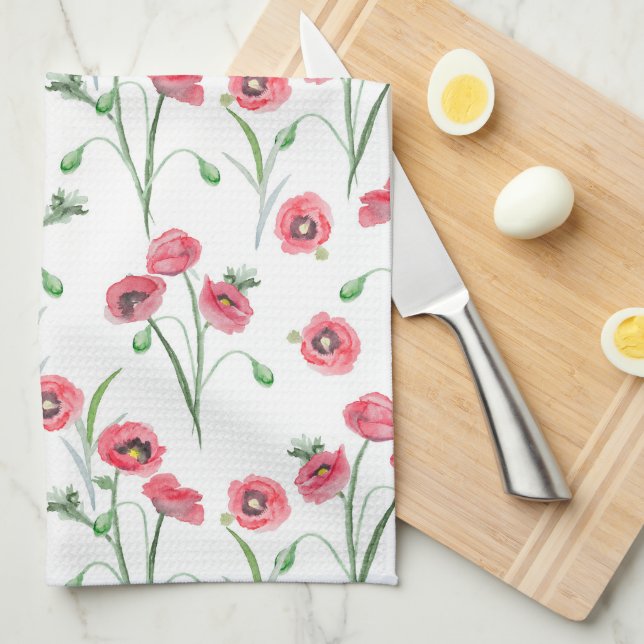 Watercolor Poppy Field Kitchen Hand Towel (Quarter Fold)