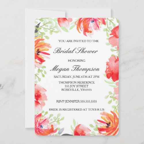 Watercolor Poppy Flower Bridal Shower Invitation