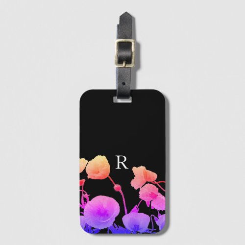 Watercolor Poppy Flower Neon Pink Monogram Initial Luggage Tag