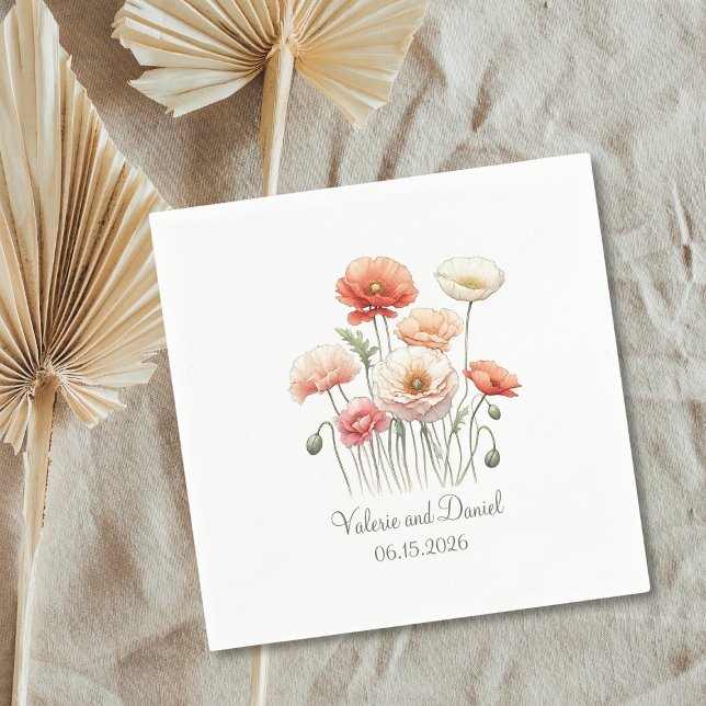 Watercolor Poppy Flowers Boho Wedding Cocktail Napkins (Creator Uploaded)
