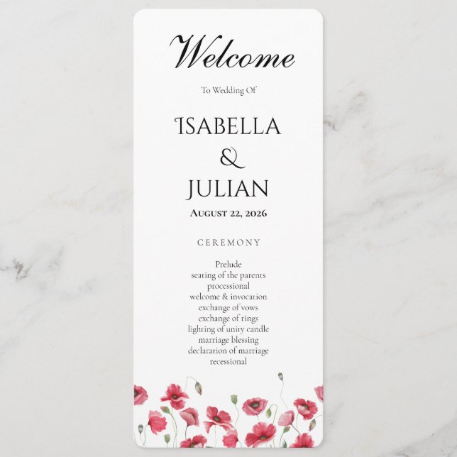 Watercolor Poppy & Lavender Floral Wedding Program (Front)
