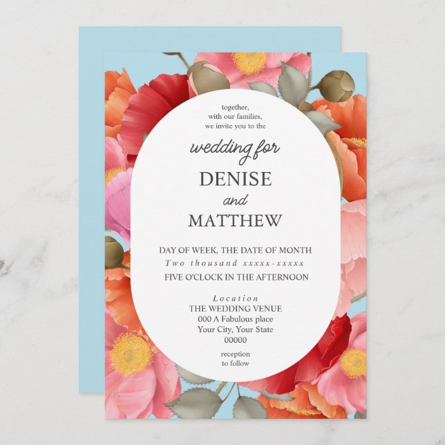 Watercolor Poppy on Spun Sugar Blue Invitation (Front/Back)