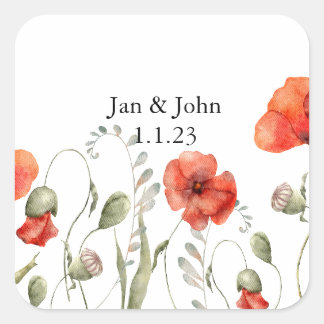 Watercolor Poppy Red wildflowers Square Sticker