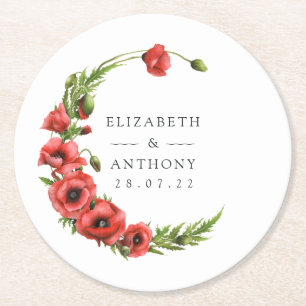 Watercolor Poppy Rustic Country Wedding Round Paper Coaster