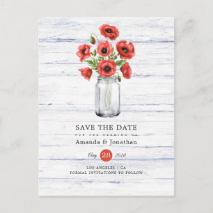 Watercolor Poppy Rustic Mason Jar Wedding Announcement Postcard