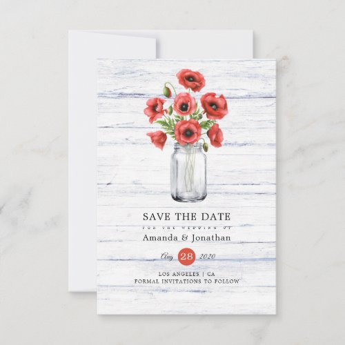 Watercolor Poppy Rustic Mason Jar Wedding Save The Date
