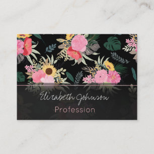 Watercolor Poppy & Sunflowers Floral Black Design Business Card