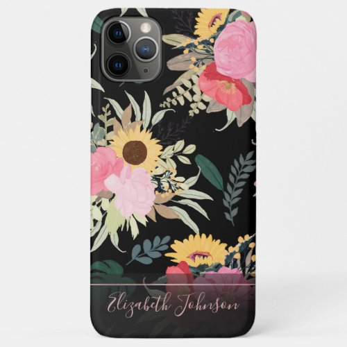 Watercolor Poppy  Sunflowers Floral Black Design iPhone 11 Pro Max Case
