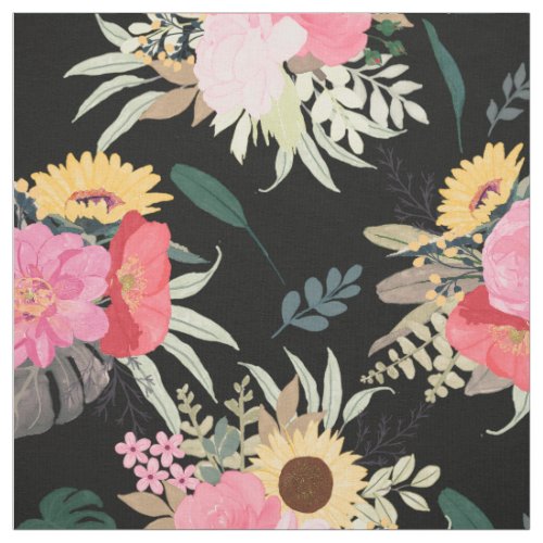 Watercolor Poppy  Sunflowers Floral Black Design Fabric