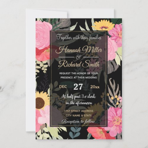 Watercolor Poppy  Sunflowers Floral Black Design Invitation