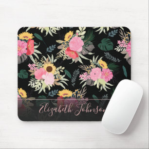 Watercolor Poppy & Sunflowers Floral Black Design Mouse Pad