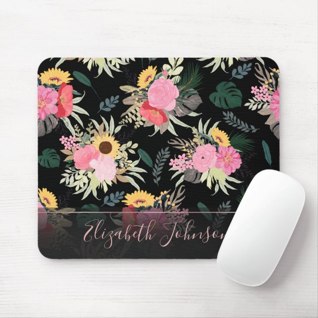 Watercolor Poppy & Sunflowers Floral Black Design Mouse Pad (With Mouse)